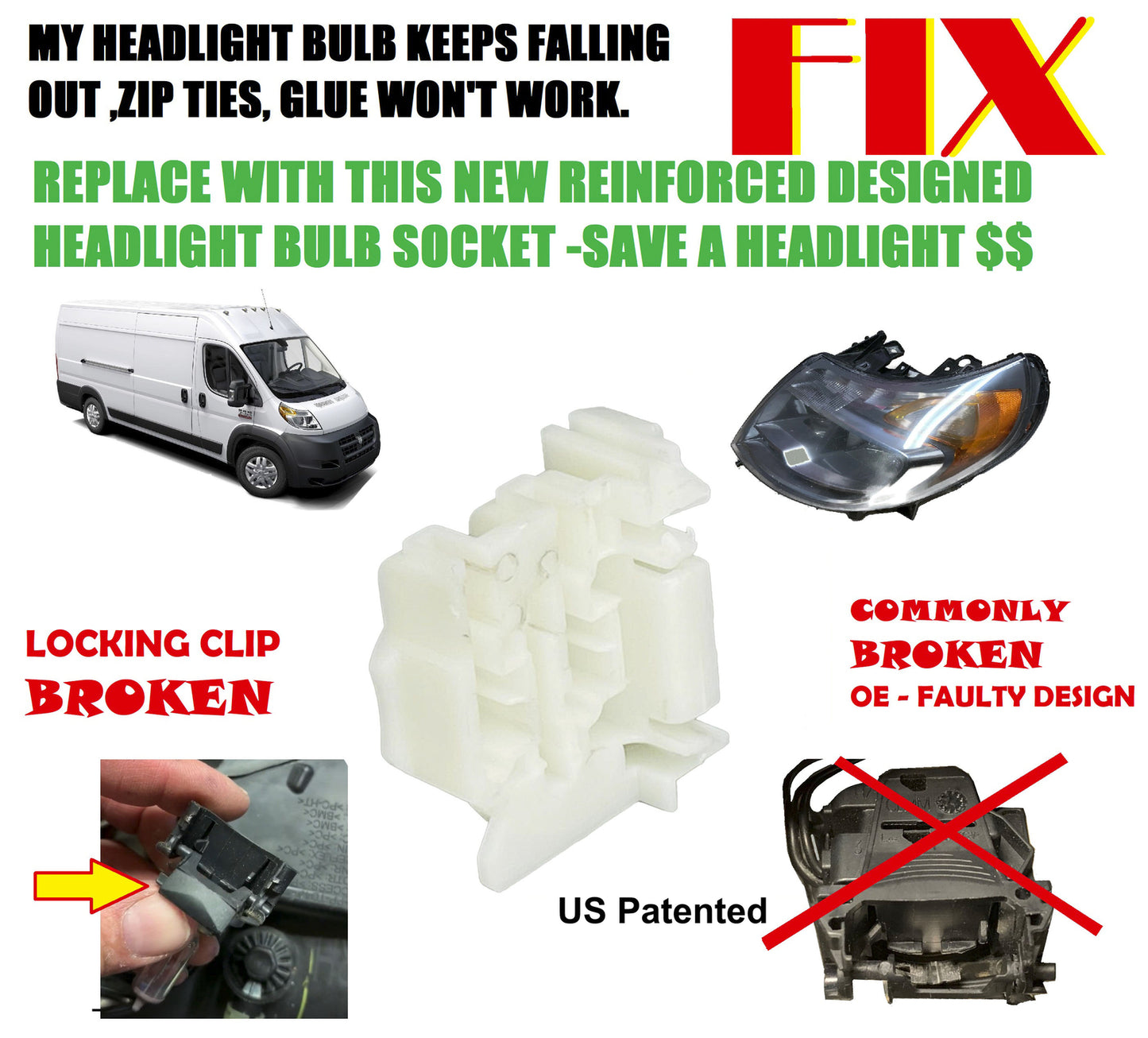 For 2014-2023 Dodge Ram ProMaster 1500 2500 3500 Halogen Headlight Socket Repair Kit