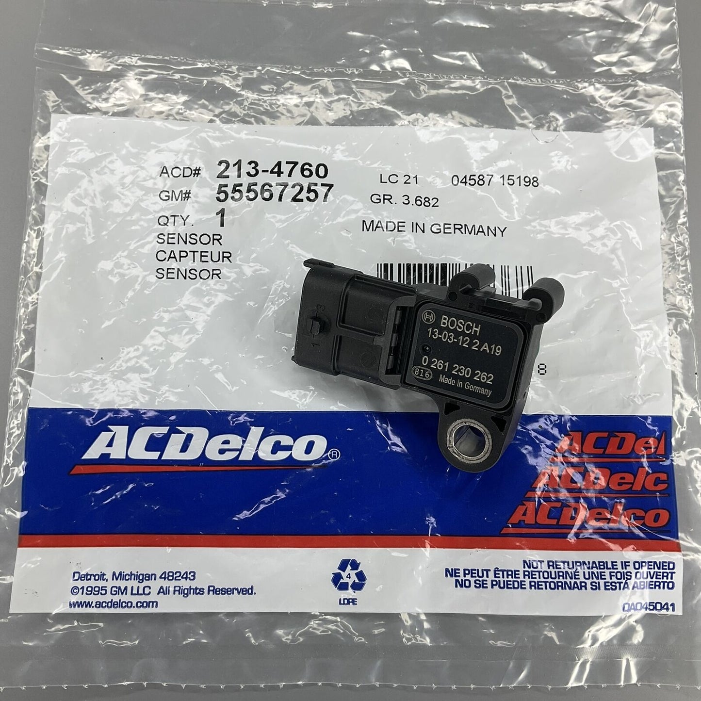 Acdelco Colector Absolute Presión Sensor 213-4760 Para GM Chevy Cruze Sonic Trax