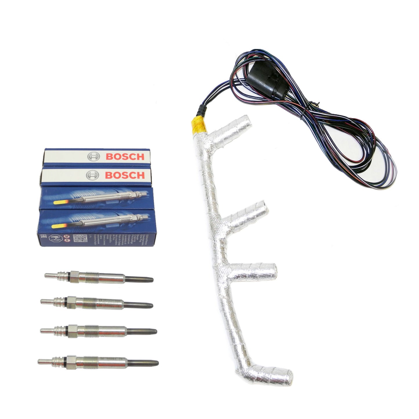 4pcs Bosch Glow Plug & Improved Wiring Harness W/Thermo Heat Cover For 02-03 VW